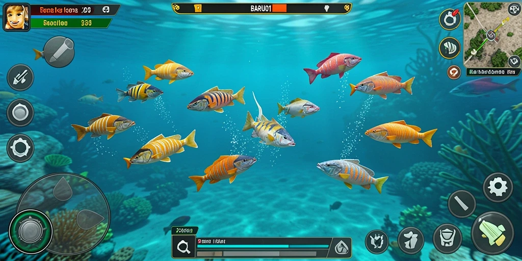 Tampilan gameplay seru dalam BARU01 saat menembak ikan.