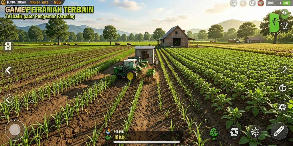 Tangkapan layar gameplay N06 menampilkan ladang yang subur dan hewan ternak yang bahagia.