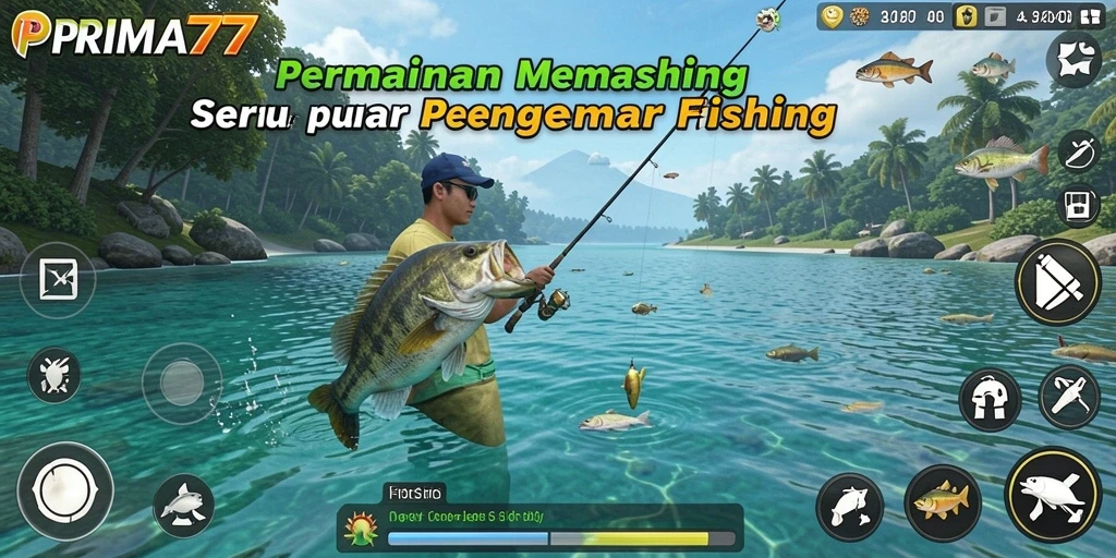 Tampilan gameplay PRIMA77 menunjukkan pengalaman memancing yang seru dan realistis.