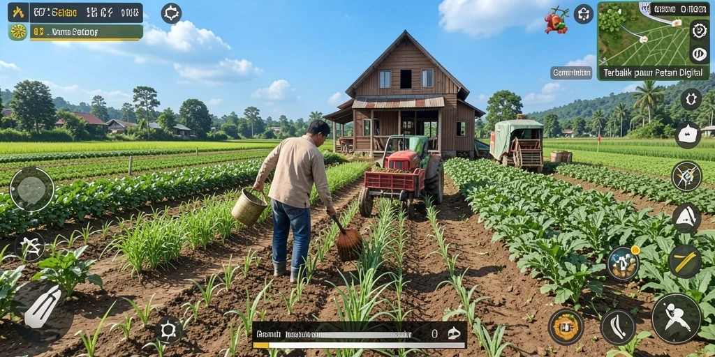Tampilan gameplay VV62 yang menarik dengan aktivitas bertani.